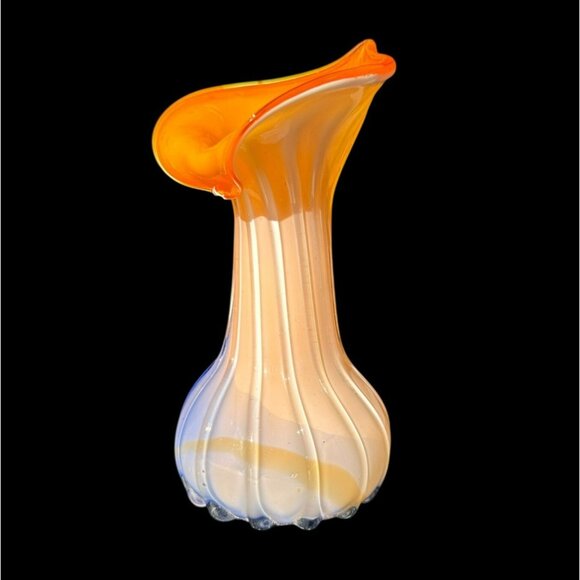 Murano-Style Vase Handblown Art Glass Tulip Vase With Orange & White Stripes Vin - Picture 2 of 9